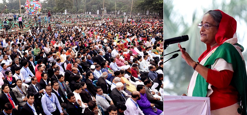 শনিবার রাজধানীর সোহরাওয়ার্দী উদ্যানের নাগরিক সমাবেশে ভাষণ দিচ্ছেন প্রধানমন্ত্রী শেখ হাসিনা